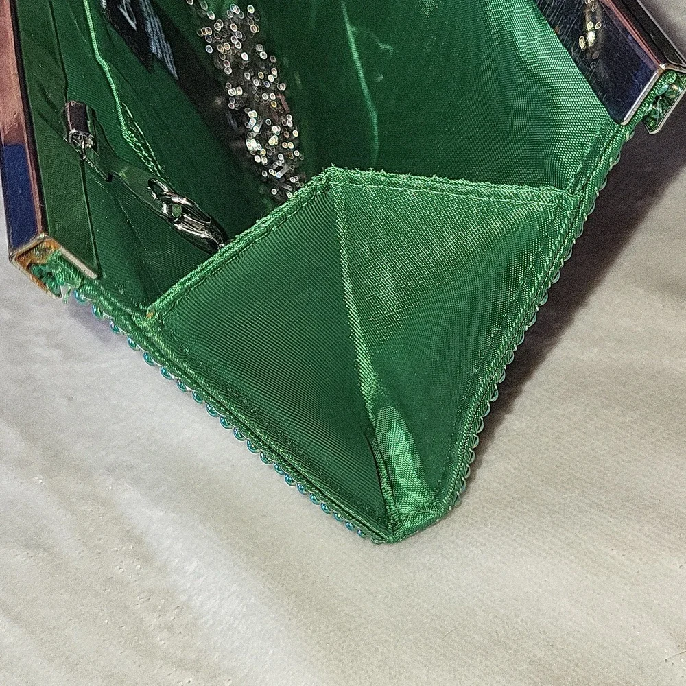 bebe Green Crystal Mesh Clutch
